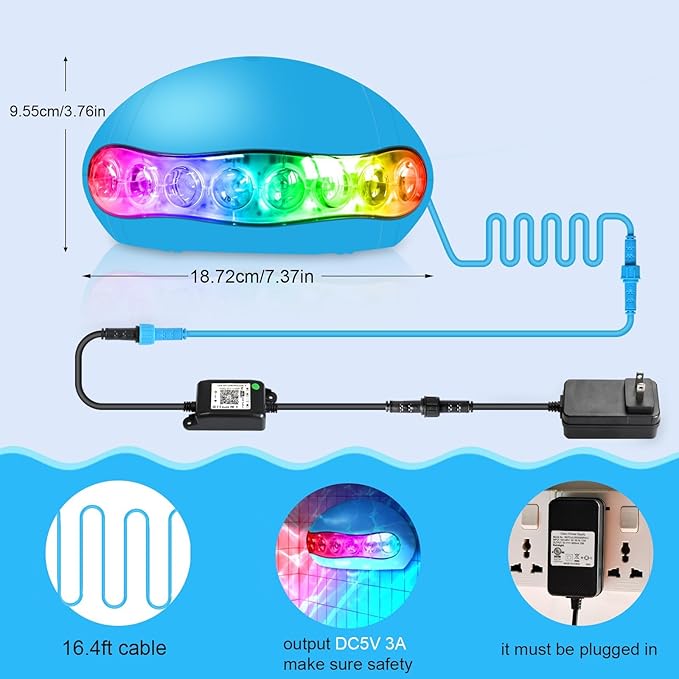 RGB+IC LED Pool Light, 5V Low Voltage Submersible Pool Light, RGB Multi Color Changing Music Sync, IP68 Waterproof Pool Lights Underwater with Remote, Wi-Fi APP Control Smart Light