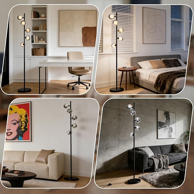 Mid Century Modern Floor Lamp, 5-Light Glass Globe Tall Standing Tree Lamp, Smoked Double-Glass Shades, 3 Color Temp G9 Bulbs Included, 1800LM Bright Corner Light for Living Room, Bedroom