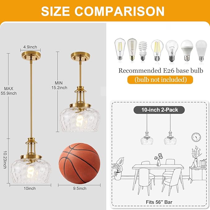 Modern Pendant Lights Kitchen Island, Brushed Gold Pendant Light Fixtures with 10" Clear Hammered Glass Shade, Industrial Hanging Pendant Lights Fixture for Kitchen Island Dining Room Bedroom Entryway