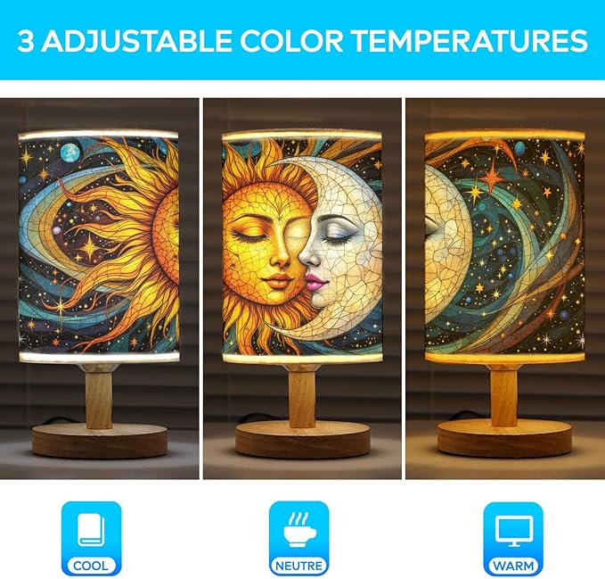 Sun and Moon Table Lamp LED 3-Color Pressed Bedside, Sun and Moon Shade Lamp with Wood Base for Bedroom Living Room Desk Office TL01