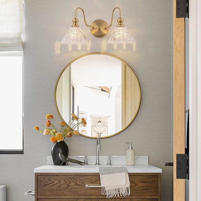 Vintage Bathroom Light Fixtures Over Mirror, 2-Light Brass Wall Sconce Lighting with Flower Glass Shade, Farmhouse Vanity Lights for Bedroom Kitchen Living Room Hallway Light