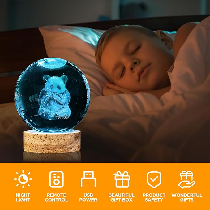 Panda Crystal Ball Night Light - 3.15 in Panda Glass Ball Lamp with 16 Color Changing Wooden Base and Remote Control - Ideal Gift for Kids, Friends & Decor