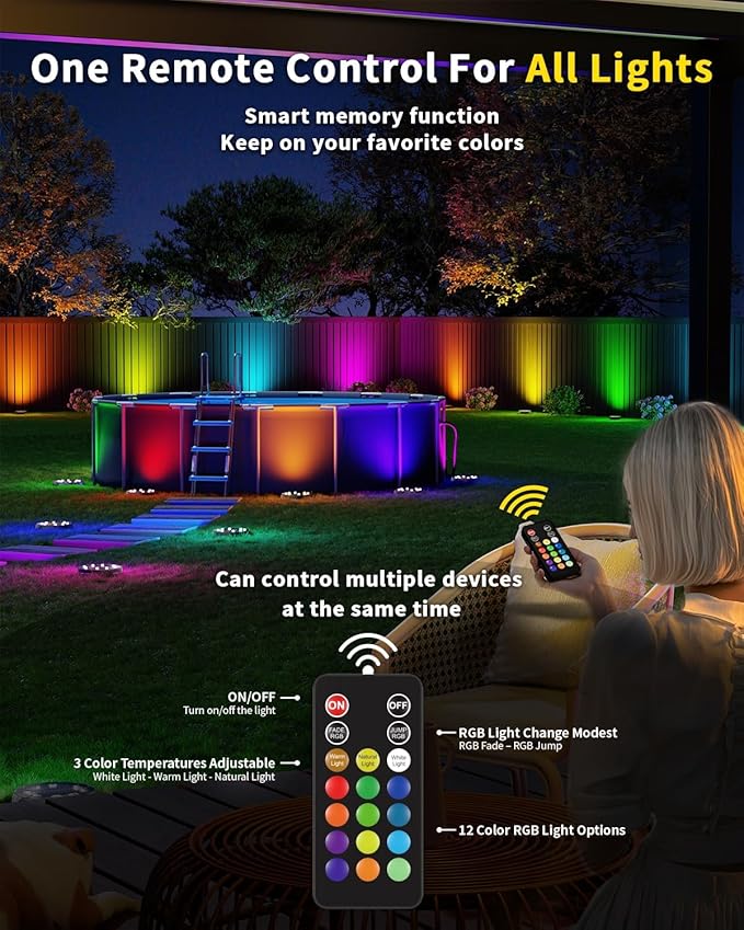 Solar Ground Lights with Remote Control 50ft,IP67 Waterproof Solar Garden 15 Multi Color Lights,RGBYW Solar Powered Outdoor Landscape Lighting for Pathway,Yard,Deck,Lawn,Patio,Walkway,Poolside,16 Pack