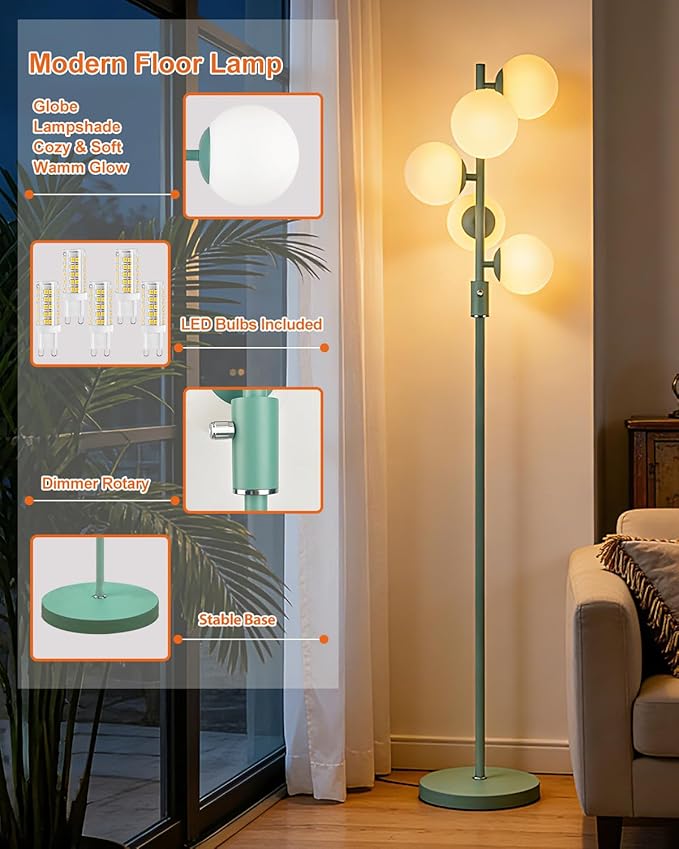 Lightdot Dimmable Globe Floor Lamp Mid Century Modern Floor Lamp with 5Pcs 3000K G9 Bulbs Stepless Brightness Adjustable Green Standing Lamps with Stable Base for Living Room Bedroom Office