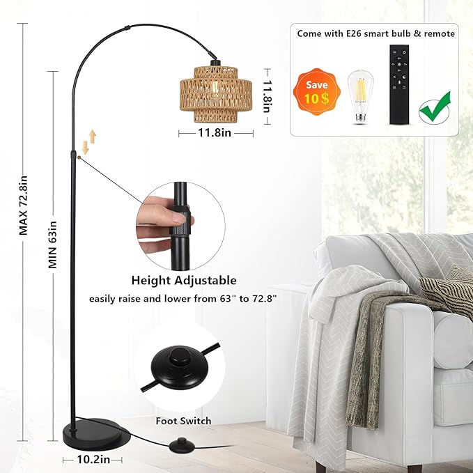 HMVPL Arc Floor Lamp for Living Room, Boho Rattan Floor Lamp with Remote, Black Standing Lamp with Dimmable Blub Timer, Farmhouse Arched Tall Lamp for Bedroom Reading Over Couch (Height Adjustable)