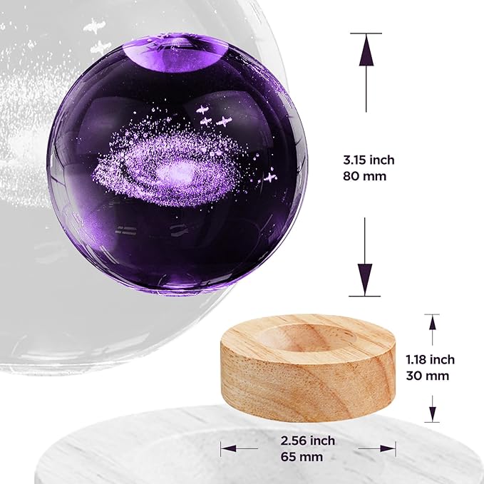 3D Galaxy Crystal Ball Night Light,3.15in k9 Universe Crystal Ball Lamp with 16 Colors Change,Wooden Base and Remote Control Decor Space Astronomy Gifts for Kids