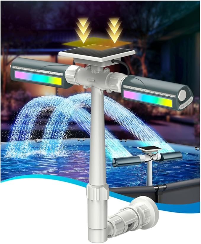 Solar Pool Fountain with 8-Color 6-Mode RGBIC LED Lights, Above/Inground Solar Lights with Remote, 360°Adjustable Dual Spray Waterfall Sprinkler Fountain for Relaxation & Cooling 10-20°F