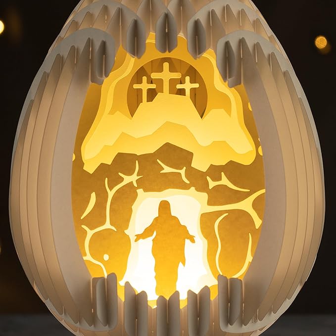 Lighted Easter Egg Centerpieces for Tables Indoor, Resurrection Scene, Paper Easter Decoration for Tabletop, Mantel, Religious Christian Cross Decor, Rabbit Home Decor (He is Risen)