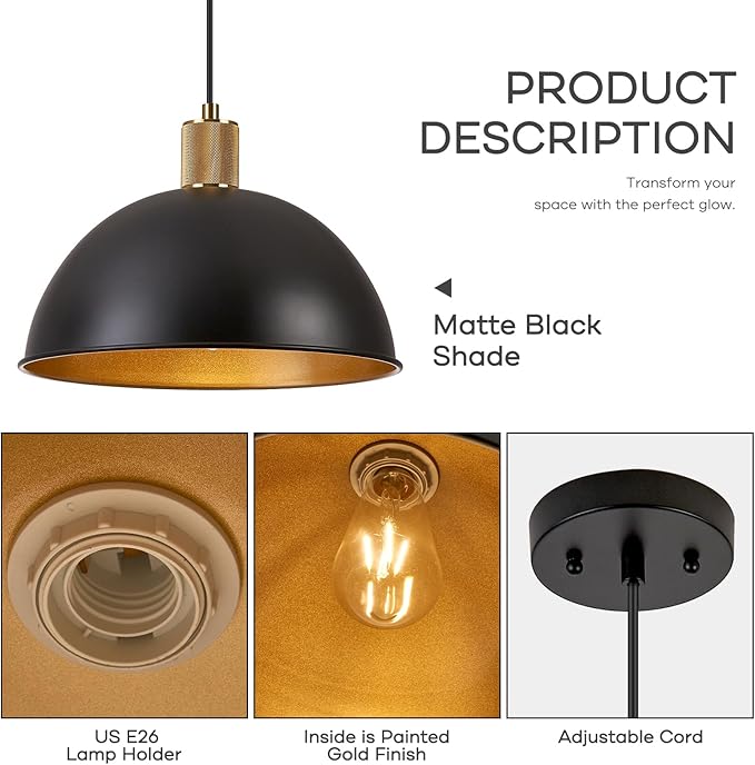 12 Inch Black Dome Pendant Lights 2 Pack for Kitchen Island, Height Adjustable Farmhouse Industrial Hanging Light Fixtures Over Table for Dining Room, Entryway