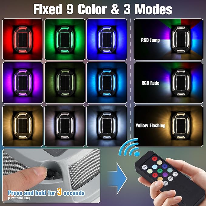 VOLISUN Solar Driveway Lights Dock Deck Lights with Remote 12 Pack,9 Colors in 1 Led IP67 Waterproof Outdoor Warning Step Lights for Driveway Sidewalk Pathway RGB