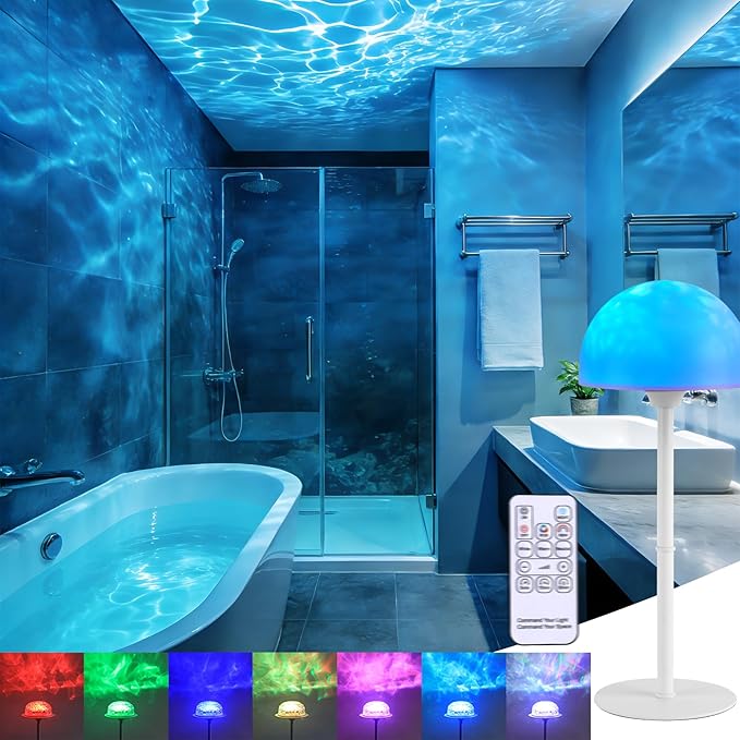 Waterproof Shower Lamp, Spa-Like Cordless Shower Light, 18-Colour LED Ocean Wave Projector Lights, Rechargeable Shower Light with Remote and Touch Control for Bathroom, Bathtub, Bedroom