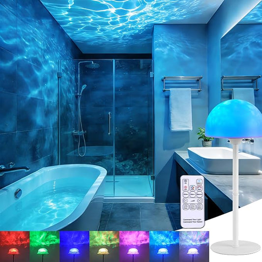 Waterproof Shower Lamp, Spa-Like Cordless Shower Light, 18-Colour LED Ocean Wave Projector Lights, Rechargeable Shower Light with Remote and Touch Control for Bathroom, Bathtub, Bedroom
