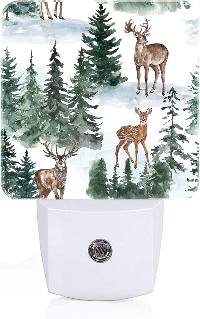 Watercolor Deer and Forest Night Light,Plug Into Wall for Boys Girls Bedroom Decorative Square Night Light Lamp 0.5w Sleep Friendly