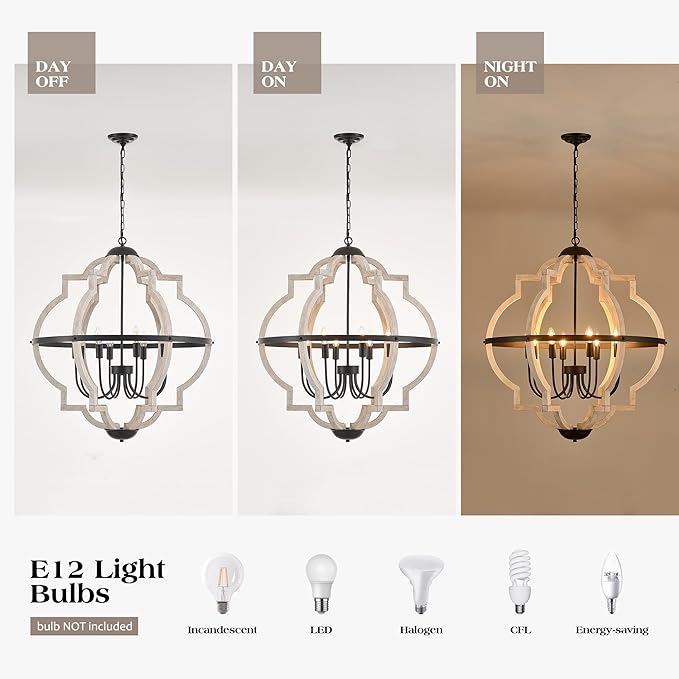 8-Light Wood Pendant Light,31.96'' Vintage Rustic White Wood Chandeliers,Retro Industrial Hanging Light Fixtures for Dining Room Entryway, Bedroom