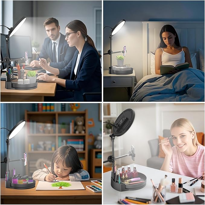 Desk Ring Light with Stand,55W Dimmable Full Screen Ring Light,with Rotating Storage Box,Pen Holder Stand,Phone Holder&Controller (White, 10.5)
