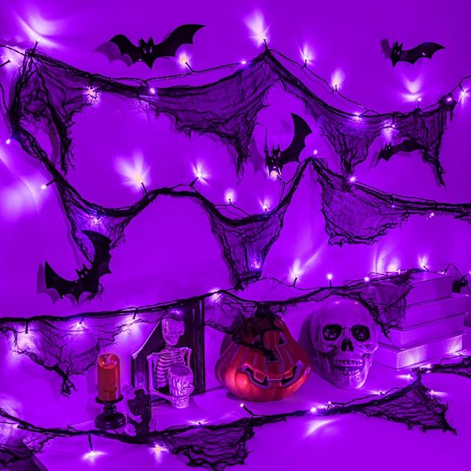 Halloween Lights Battery Operated or USB, Creepy Cloth String Lights with Timer Waterproof 9.8ft 30LED Purple String Lights Halloween Decortions for Fireplace Window Door Mirror