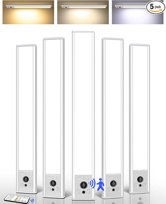 EZVALO 5-Pack Under Cabinet Lighting, 4000mAh Rechargeable Motion Sensor Light, 16.5inch Magnetic Closet Lights with Dimmable & 3 Color Temps, Wireless Motion Activated Lights with Remote for Kitchen