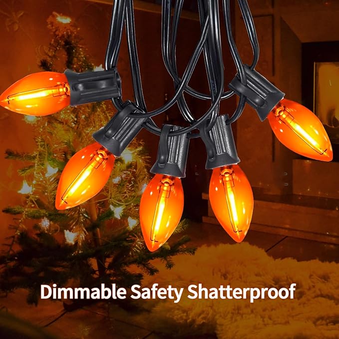 12FT Orange Halloween Lights Outdoor, C7 LED String Lights Plug in with Black Wire for Patio, Porch Railing, Walkway, Party Backdrop Decor