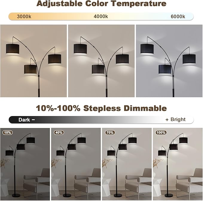 Netin 3 Light Arc Floor Lamps for Living Room, Led Floor Lamp with Remote Control, Modern 80" Tall Standing Lamp, 3 Color Temperature, Mid Century Tree Floor Lamp for Bedroom, Office (Black)