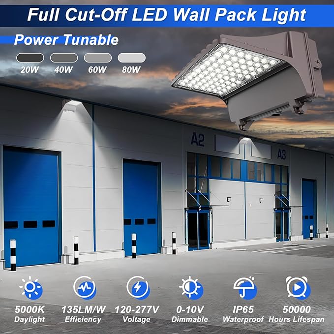 Full Cut-Off LED Wall Pack Light with Photocell, 80W/60W/40W/20W Selectable, 5000K Daylight IP65 Waterproof, 100-250W MH/HPS Equiv. Outdoor Commercial Wall Pack Light, AC100-277V, DLC ETL Listed