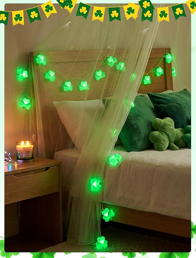 8.5Ft St patricks Day Lights Outdoor, Shamrock String Light Plug in with 10 LED Lucky Clover Lights, Green Clover for Irish Bedroom Home Garden Party Green Feast St. Patrick's Day Decorations