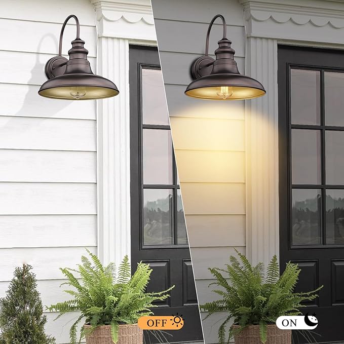 Outdoor Barn Light Fixture Farmhouse Wall Mount Light Gooseneck Wall Sconce Exterior Wall Lighting Fixture Industrial Bronze Finish Lantern for Porch with Gold Interior, 1Pack, RZ004 ORB