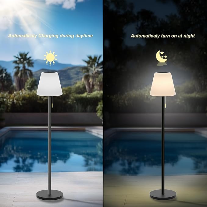 Outdoor Floor Lamp Solar Outdoor Lamps for Patio Waterproof Rechargeable Floor Lamp Cordless Dimmable Warm White+RGB LED Solar floor lamps Outdoor Battery Operated Patio Lamp with Light Sensor.