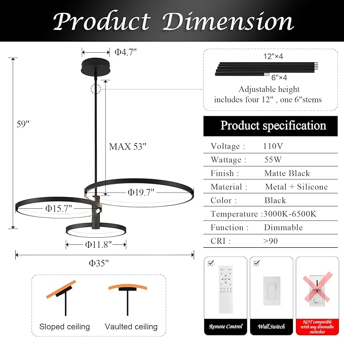 Modern LED Chandelier, 3-Ring Black Chandeliers for Dining Room Contemporary Flush Mount Chandelier Light Pendant Light Fixture for Kitchen Island Closet Living Room Bedroom