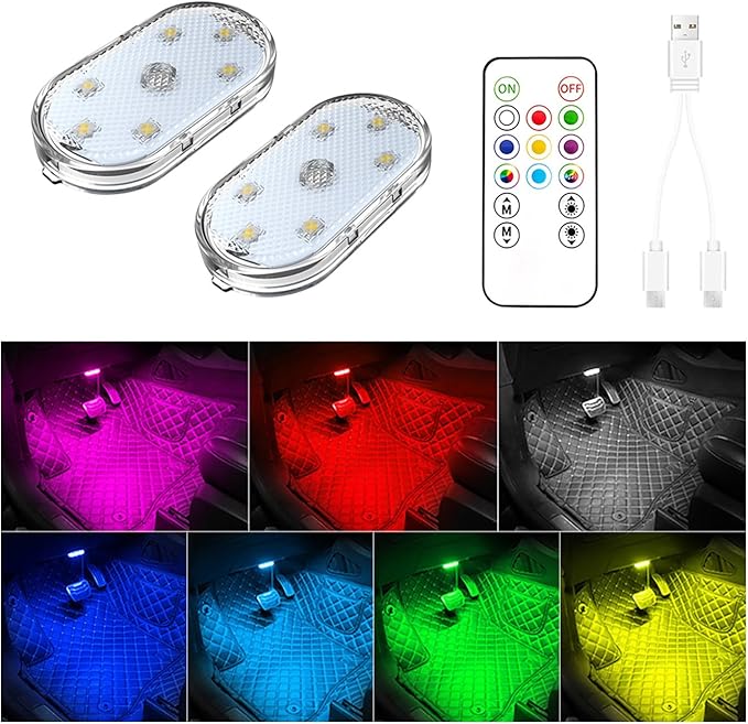2 PCS Car Led Lights Interior,7 Colors Ambient Lighting Car Interior,USB Rechargeable Car Interior Reading Light,Portable Led Lights for Car