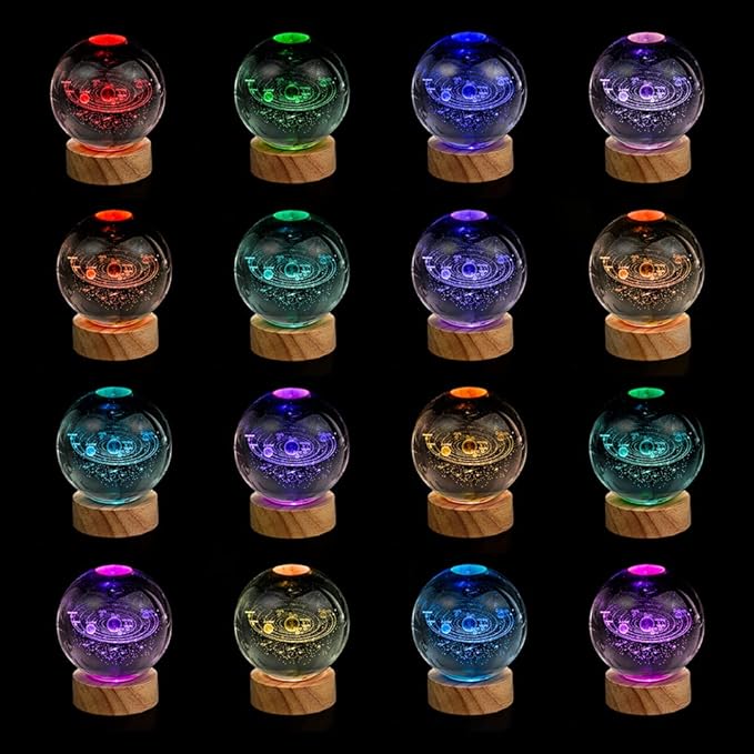 3D Solar System Crystal Ball Night Light with 16 Color LED Wooden Base, Upgraded 3.15 Inch Galaxy Planets Glass Ball Lamps with Remote for Birthday Christmas, Astronomy Space Gifts for Boys Girls