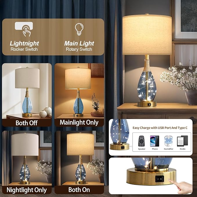 OYEARS 23" Table Lamps for Living Room Set of 2 Bedside Lamps for Night Stands Bedroom Lamps Farmhouse Rattan Boho Lamp Glass Nightlight End Table Lamp with USB C+A (Blue),Two Light Points
