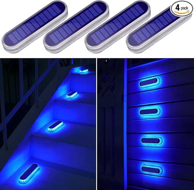 YiLaie Blue Solar Dock Deck Lights Solar Powered Outdoor Waterproof, Stick on Lights for Step Stairs Driveway (4 Pack)