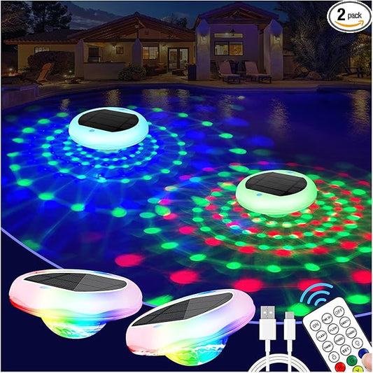 Solar Floating Pool Lights: 2 Pack USB Rechargeable Pool Lights That Float 6 Dynamic Modes with Remote IP68 Waterproof Hang RGB Upper and Lower Floating Light for Pond Garden Party Yard