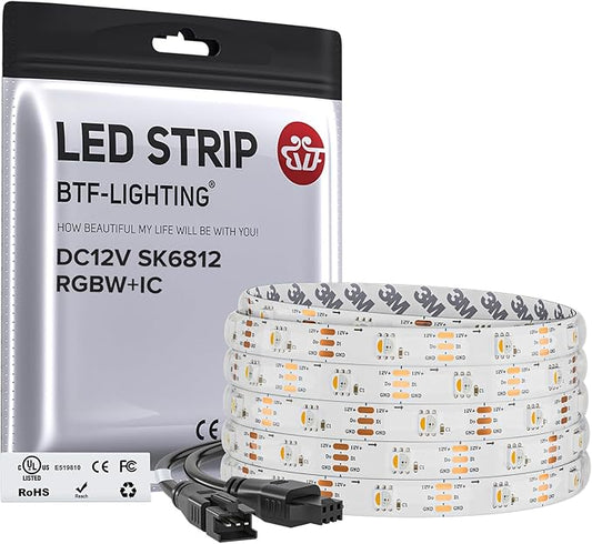 BTF-LIGHTING SK6812(Similar WS2812B) UL Listed RGBW RGB+Warm White(3000K) Individually Addressable DC12V 16.4FT 30LED/m 4 Colors in 1 Light Dream LED Strip IP65 White PCB(No Adapter or Controller)