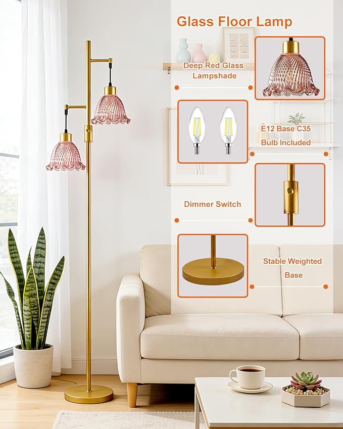 65IN Glass Floor Lamp, 2-Light Gold Tall Standing Lamps Dimmable with Rose Red Glass Lampshade, 3000K Warmwhite Mid Century Modern Floor Lamp for Living Room/Bedroom/Sofa Beside/Home Decor