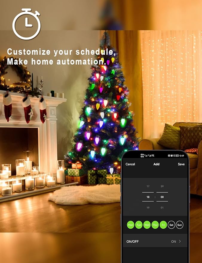 HIITEN Bluetooth C9 Christmas Lights Outdoor 39FT 50LEDs, DIY Chasing Effects Smart LED Christmas Lighting, APP Remote Controlled Extendable Color Changing Xmas Light with Timer Music Sync