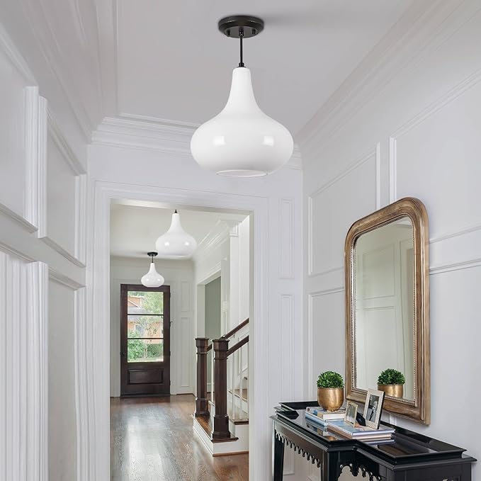 11" Milk White Glass Pendant Light – Modern Ceiling Hanging Fixture Matte Black for Kitchen Island, Dining Room, Hallway – E26 Base