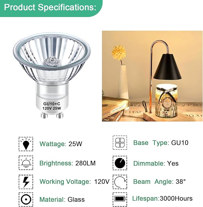 TAIYALOO GU10 Halogen Bulb 120V 25W NP5 Replacement Bulb for Candle Warmer, Scent Wax Burner, Fragrance Melt, Warming Bulb MR16 JDR Dimmable, 2700K Warm White, Pack of 4