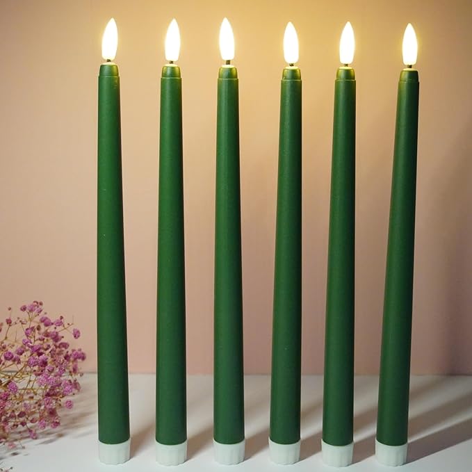 Green Flameless Taper Candles with Remote Timer, Flickering Battery LED Candlesticks Spring Home Decor Set of 6