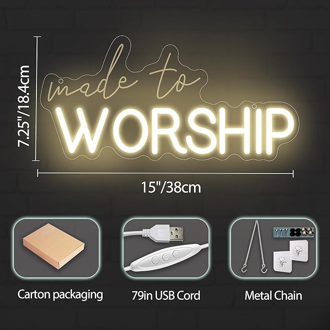 Made to Worship Neon Sign – Warm White Dimmable LED Wall Sign with 3D Engraved Letters and Light Strip, Christian Home Decor for Prayer Room, Church, or Bedroom 15″ × 7.25″