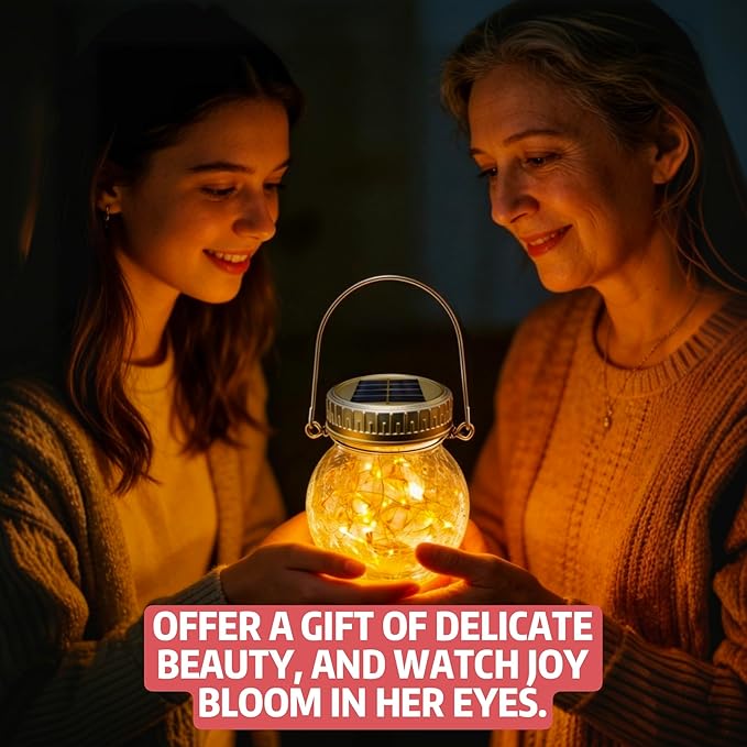 Cooo 2 Pack Crackle Glass Solar Lantern with 30 LED Firefly Lights– Waterproof Outdoor Hanging Lamp 215% Larger Solar Panel, Anti-Rust Lids Decorative Lighting for Garden Patio Christmas Decorations