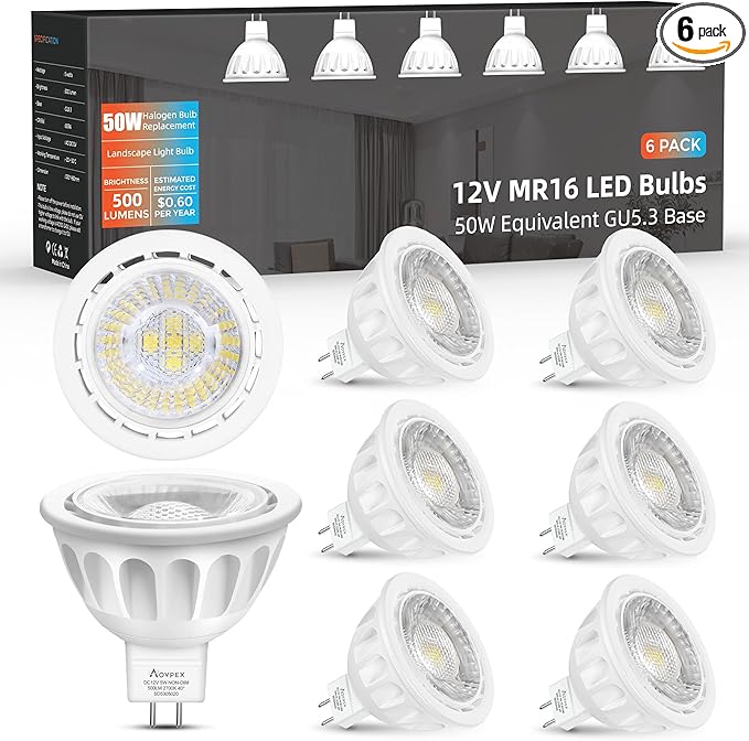 MR16 LED Bulbs, 5W(50W Halogen Equivalent) Landscape Light Bulbs, 2700K Warm White, GU5.3 Bi-Pin Base, 40° MR16 LED 12V Spotlight for Landscape Track Lighting, Non-Dimmable, 6 Pack