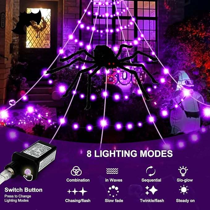 Halloween Spider Webs Decorations Outdoor Lights, 19.7*14.8FT Giant Spider Web with 250LED Purple Lights, Halloween Light up Triangular Black Spider Web with 8 Modes&Spider for Yard Home Parties Decor