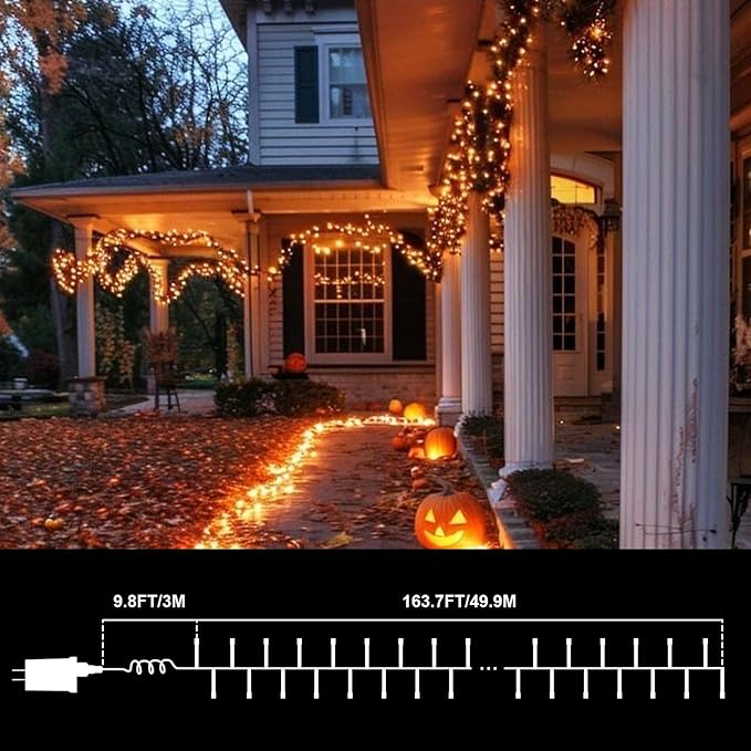 LAMPHOME 165ft Halloween Lights, 500 LED Transparent Wire Fairy Starry String Light Plug in, 16Lighting Modes for Indoor Outdoor Xmas Tree Wedding Party Decoration (Orange)