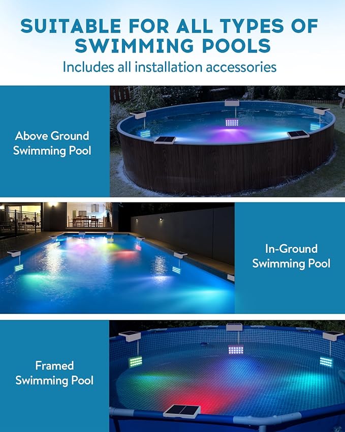 Vangue Solar Pool Lights, Solar Powered LED with IP68 Waterproof, 16 Colors, 7 Brightness Levels, and Timer for Swimming, Inground and Above Ground