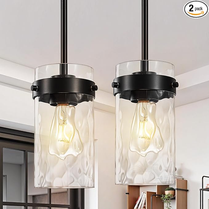 4.72" Hammered Glass Pendant Lighting for Kitchen Island 2 Pack, Modern Black Pendant Light Fixtures, Adjustable Ceiling Pendant Light for Kitchen Island Dining Room Bedroom Hallway
