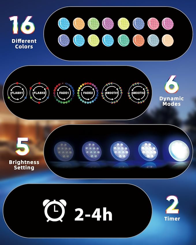 Pool Lights, Rechargeable Submersible LED Lights with Remote, IP68 Waterproof 16 Color Changing Floating Lights, Built-in Magnet Underwater Lights for Fountain, Pond, Aquarium(4 Pack)