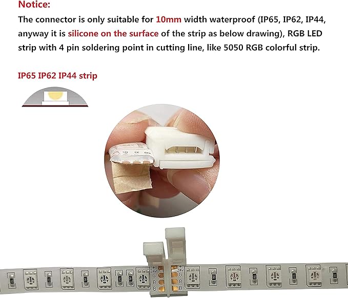 LED Strip Solderless Connector Adaptor for 10mm Wide 5050 RGB Waterproof Led Strip Light (4 Pin RGB Strip Connector), Pack of 10