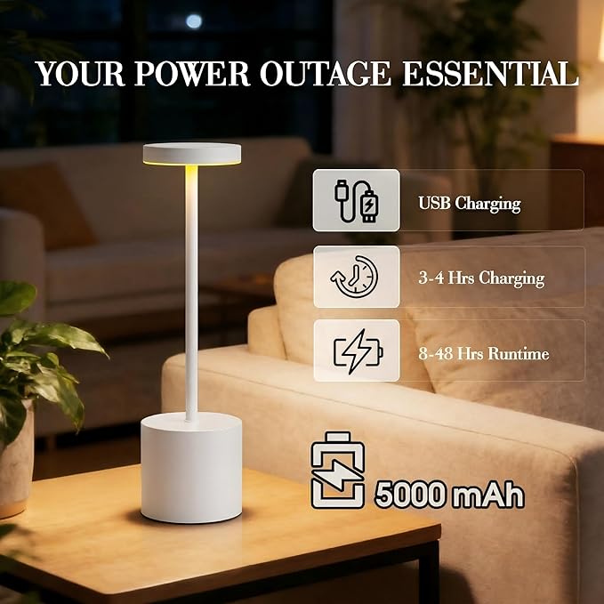 Cordless Table Lamp – 2 Pack Rechargeable Table Lamps, 5000mAh Battery Operated Lamp with 3-Color Dimmable Light, Outdoor Table Lamp for Bedroom, Restaurant, Patio, Home Décor (White)