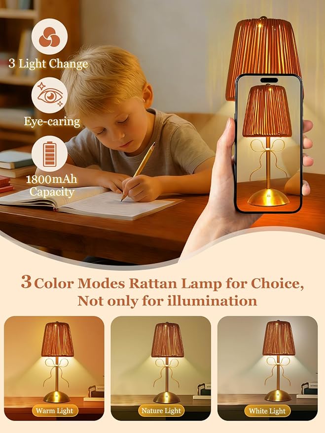 Boho Bow Rattan Table Lamp, Cordless Wicker Woven Vintage Table Lamp - LED Rechargeable Touch Control 3 Color Dimmable Reading Bedside Lamp for Bedroom Living Room Office, Home Outdoor Decor
